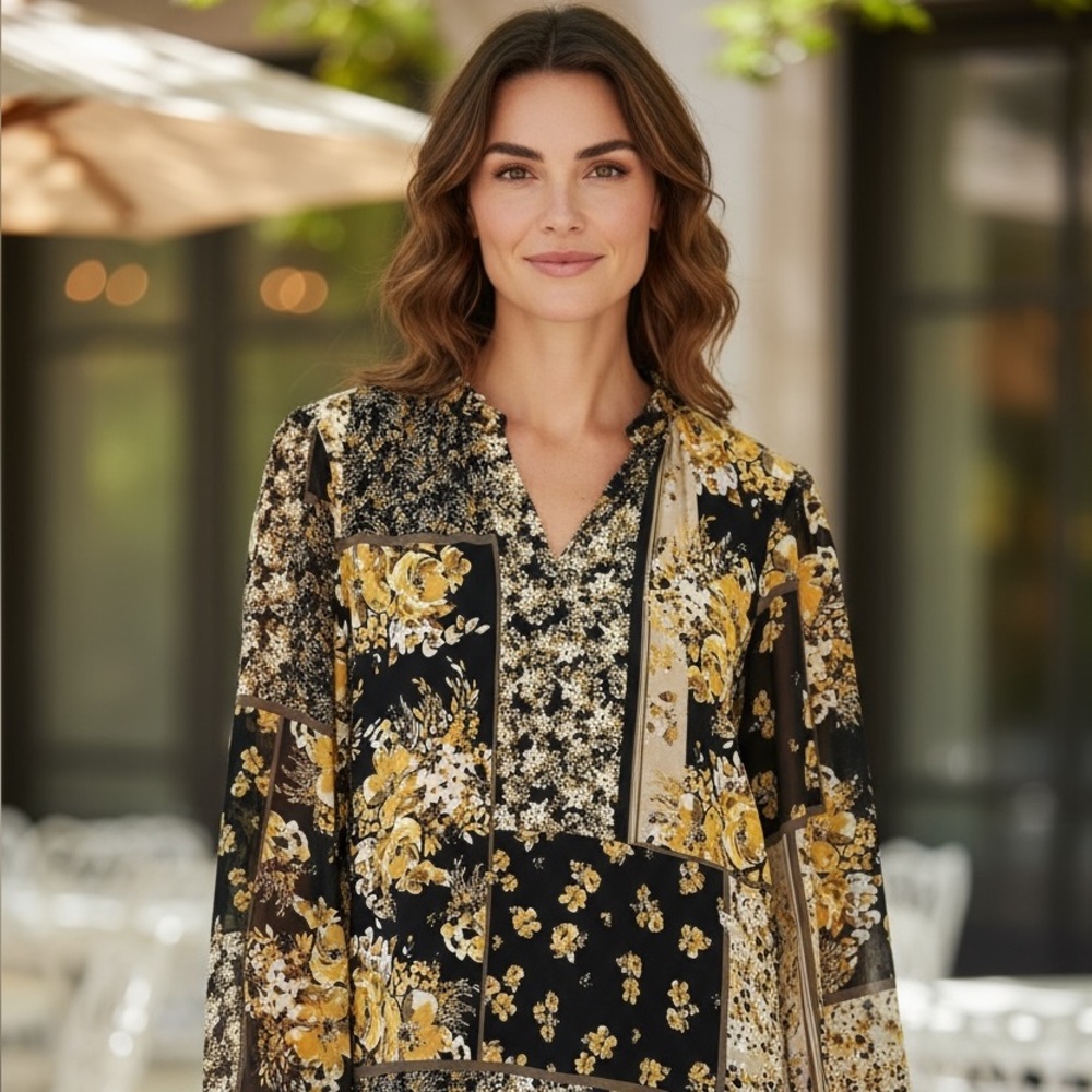 Susan Graver Boho Patchwork Floral Blouse Black Gold Long Sleeve V Neck Top XL